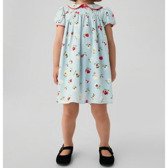 GAP X DOEN Floral Dress Girls Blue Red Short Sleeve Peter Pan Collar Size 3 - Picture 1 of 6